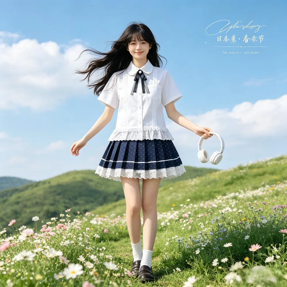 College JK Uniform Two Piece Set, Lace Edge Shirt Polka Dot Pleated Skirt, School Uniform for Graduation Photo Daily Wear