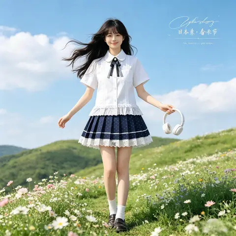 College JK Uniform Two Piece Set, Lace Edge Shirt Polka Dot Pleated Skirt, School Uniform for Graduation Photo Daily Wear