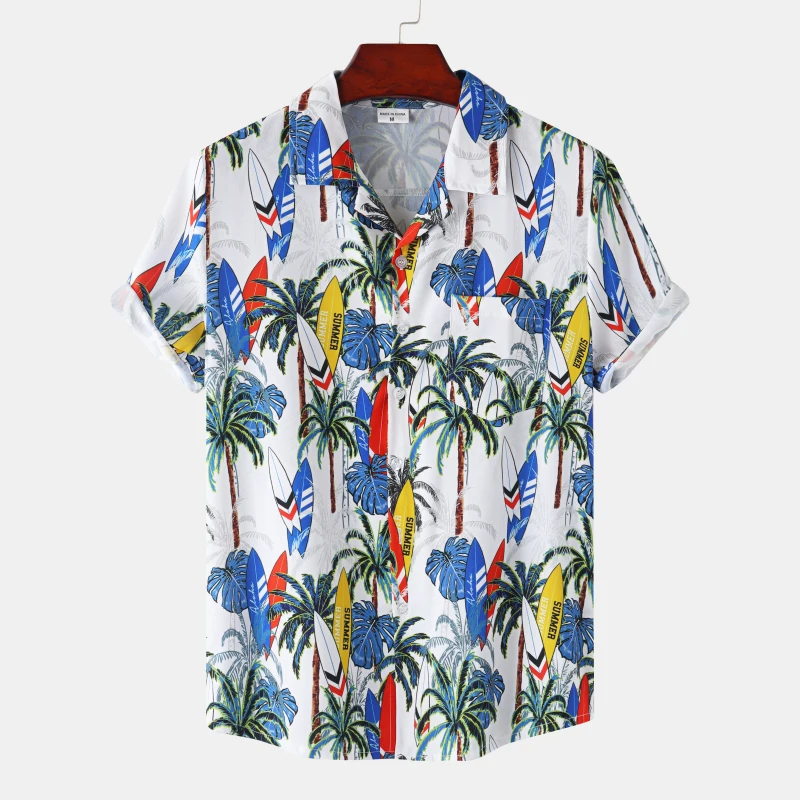 Hawaiian Mannen Shirt Strand Kokospalm Print Korte Mouw Heren Kleding Mode Revers Knop Top T-shirt 2023 Nieuwe shirt Voor Mannen