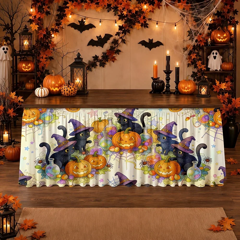 One Halloween table skirt with printed design. Festive atmosphere. Weird and interesting.