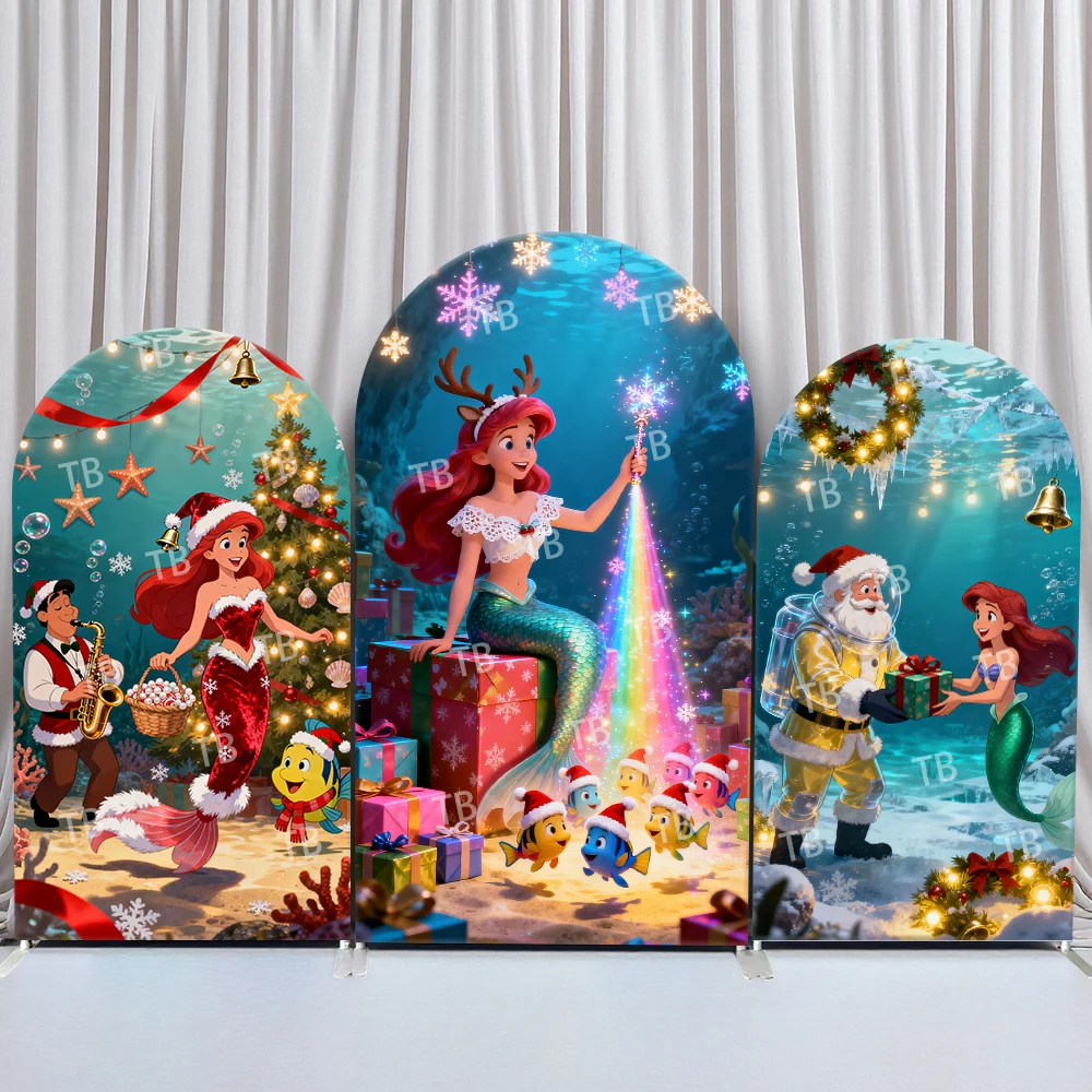 

Disney Ariel Christmas Arch Backdrop Cover Santa Gifts Decor Scene for Birthday and Baby Shower Party Photo Booth Decor Props