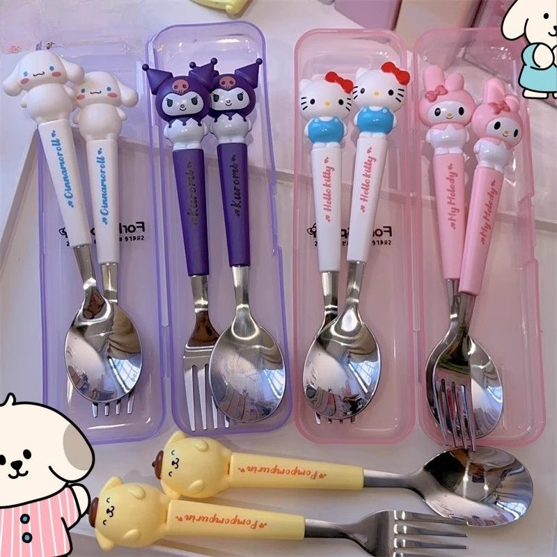 MINISO Tableware Hello Kitty Kuromi Cartoon Cute Stainless Steel Forks Spoon Portable Independent Storage Practical Delicate Y2k