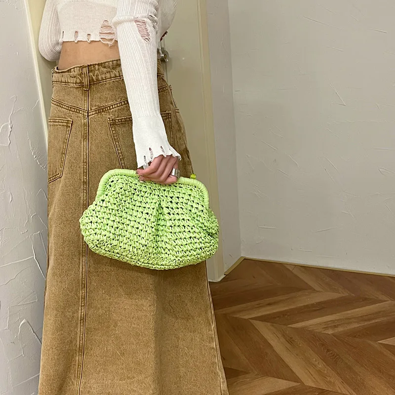 2023 Summer Fashion Women All-match Clutch Sense Of Straw Weave Wallet Bags Ladies Chain Shoulder Bags Hot Pink Crossbody Bags