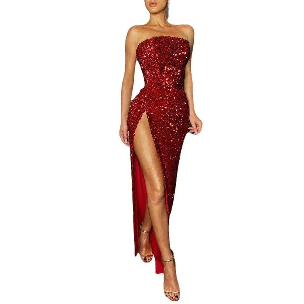 Robe de soirée Sexy fendue, asymétrique épaule dénudée, Bustier embelli de perles, Station indépendante, jupe asymétrique taille haute