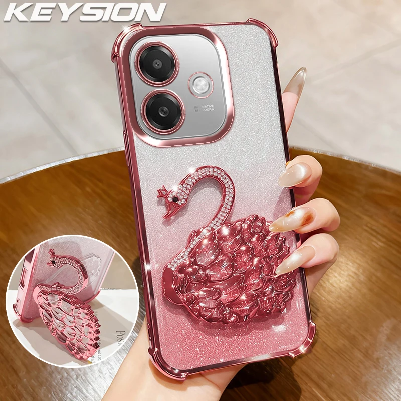 

KEYSION противоударный чехол из ТПУ для телефона OPPO A5i A3 A3X 5G с блестящим драгоценным камнем и подставкой в виде лебедя для OPPO A40 A40m A60 5G