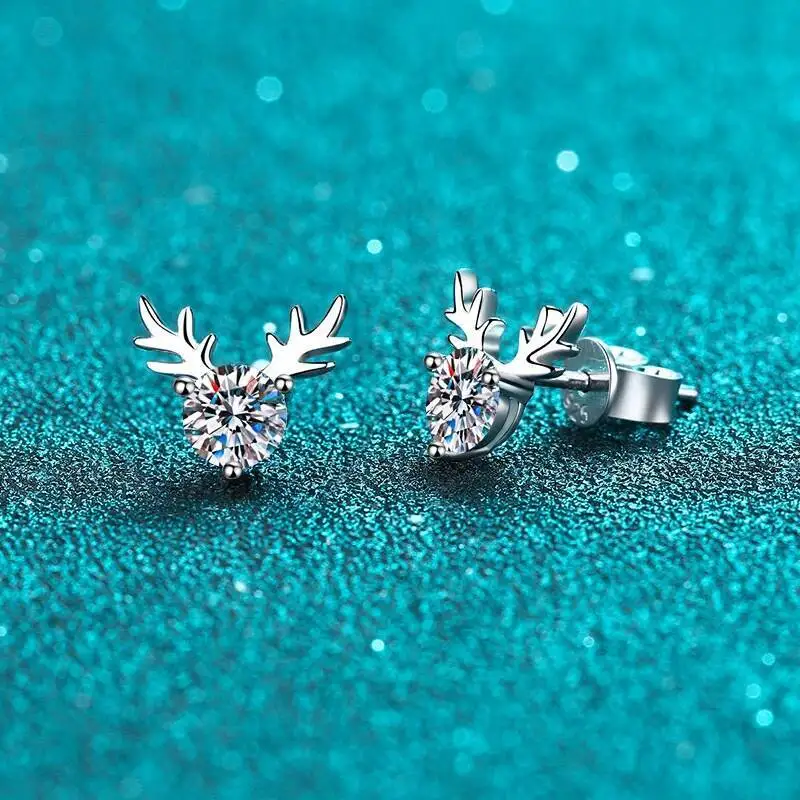 

JoiasHome Cute Deer Antler Moissanite D Color VVS1 Sparkling Stud Earrings 925 Silver Hypoallergenic For Women Daily Party Wear