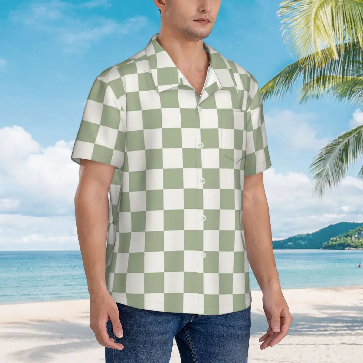 Checkerboard Mini Check Pattern Men's Shirts Hawaiian Short Sleeve Shirt Fashion Button Tops for Summer Beach