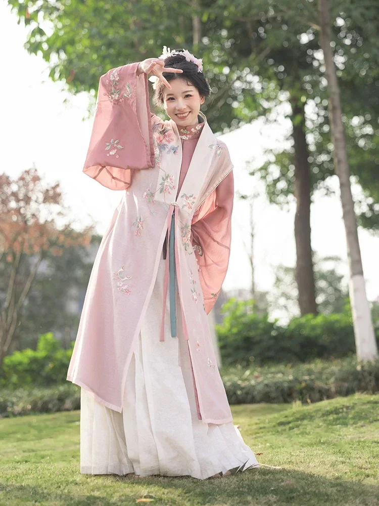 Original Hanfu Female Ming System Stand-up Collar Pair Front Straight Sleeve Kaftan Spring Hanfu Bionychia Pink Embroider Vest