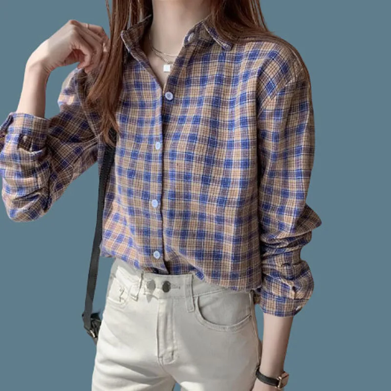 Vintage Alle-spiel Plaid Shirt für Weibliche 2022 Frühling Kleidung der Frauen Koreanische Einfache drehen-unten Collarlong Hülse casual Blusen