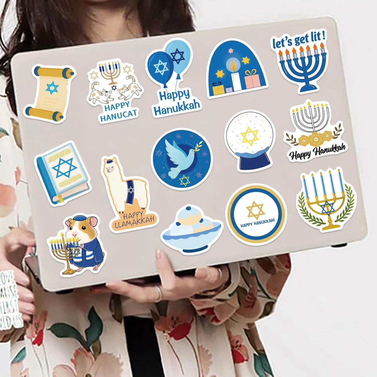 50pcs Happy Hanukkah PVC Stickers Jewish Holiday Decals For Scrapbook Laptop Phone Case Envelope Label DIY Aesthetic Stickers