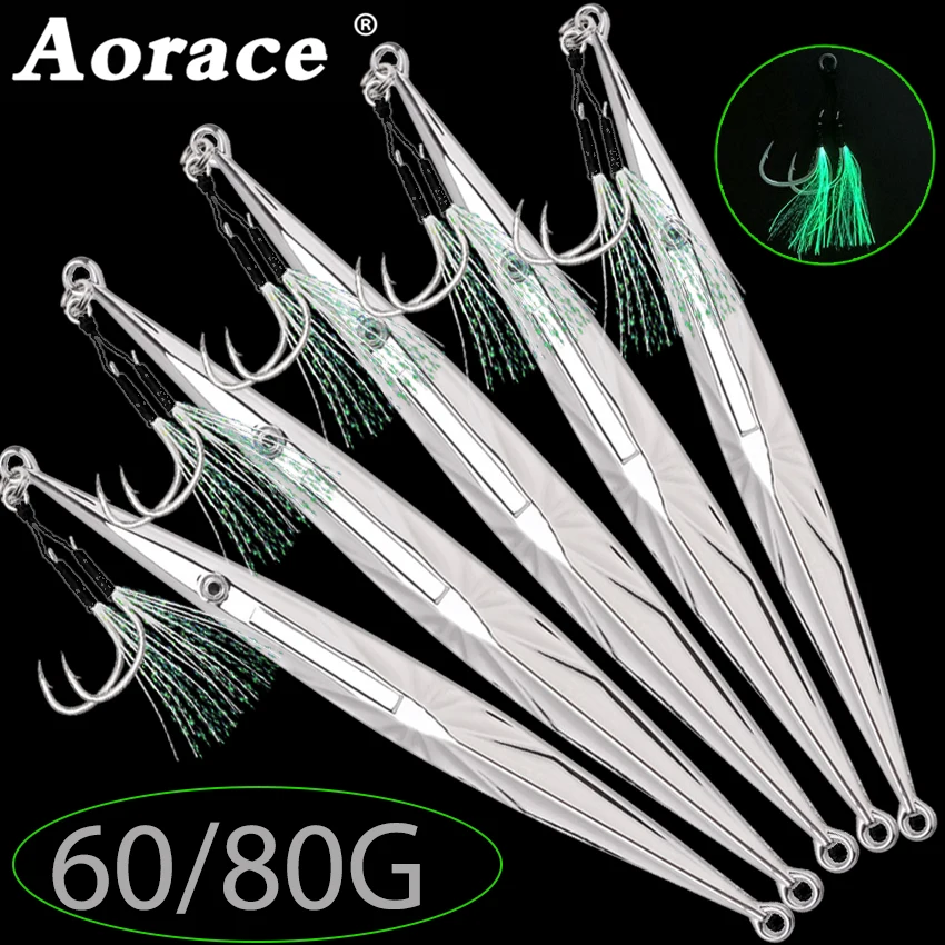 5 Stück Metall-Jig-Köder 60g 8g Meeresangeln Lange Streifenform Schnell sinkende Eisenplatte mit Leuchthaken für schnelles Sinken und langsames Wackeln