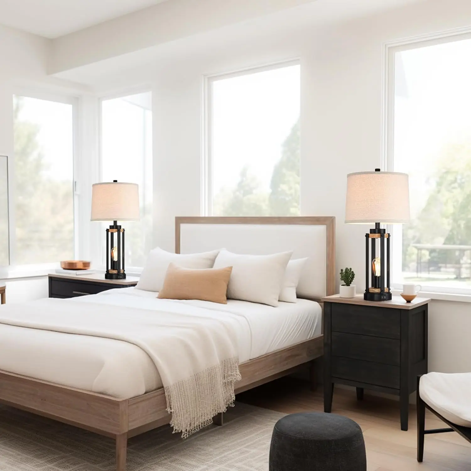 Set of 2 Farmhouse Table Lamps, 26' Rustic Vintage Bedside Lamps with USB Charging & Night Light, Bulbs Included