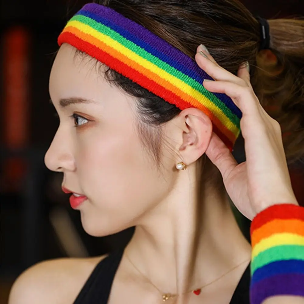 Colorful Rainbow Tennis Headband Polyester Breathable Sport Wristband Sweat Band Towel Gradient Athletic Sweat Bands