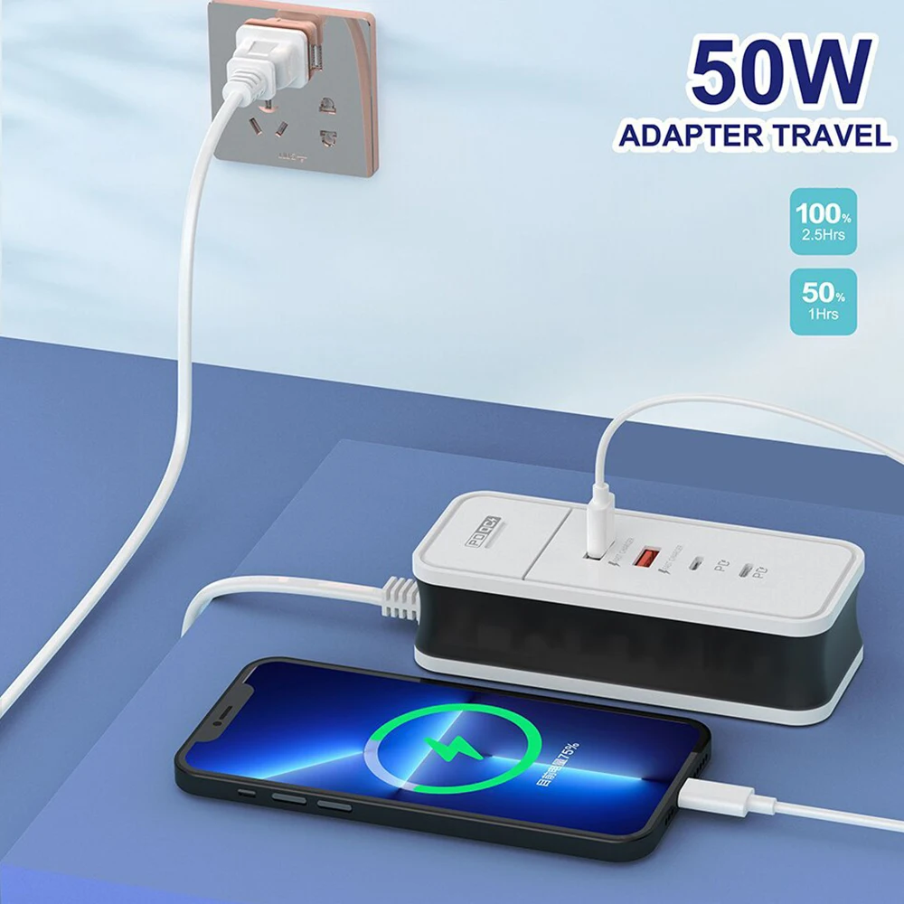 4-in-1 Power Socket Adapter 50W 2USB 2PD Fast Charging Charger Portable EU US Plug Socket For Home Office Travel Wall Charger