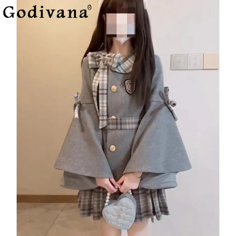 

Sweet Bowknot College Style Lolita Skirt Set Women Woolen Coat Plaid Skirt Two Piece Set Female Autumn Winter Japanese Suits