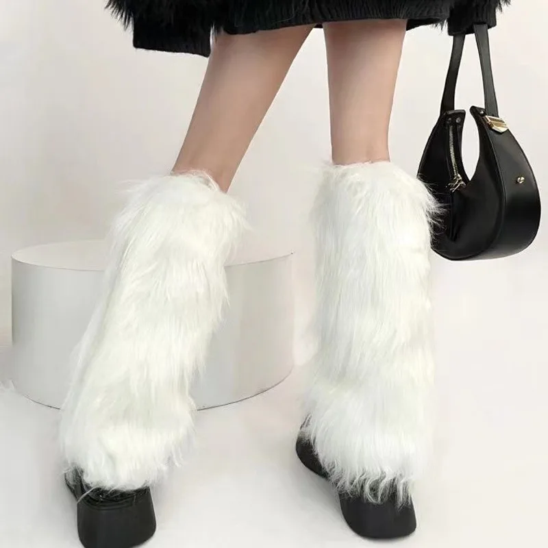 Women's Artificial Fur Leg Warmers Japanese Lolita Autumn and Winter Black and White Knitted Socks Leg Warmers Stocking for Girl