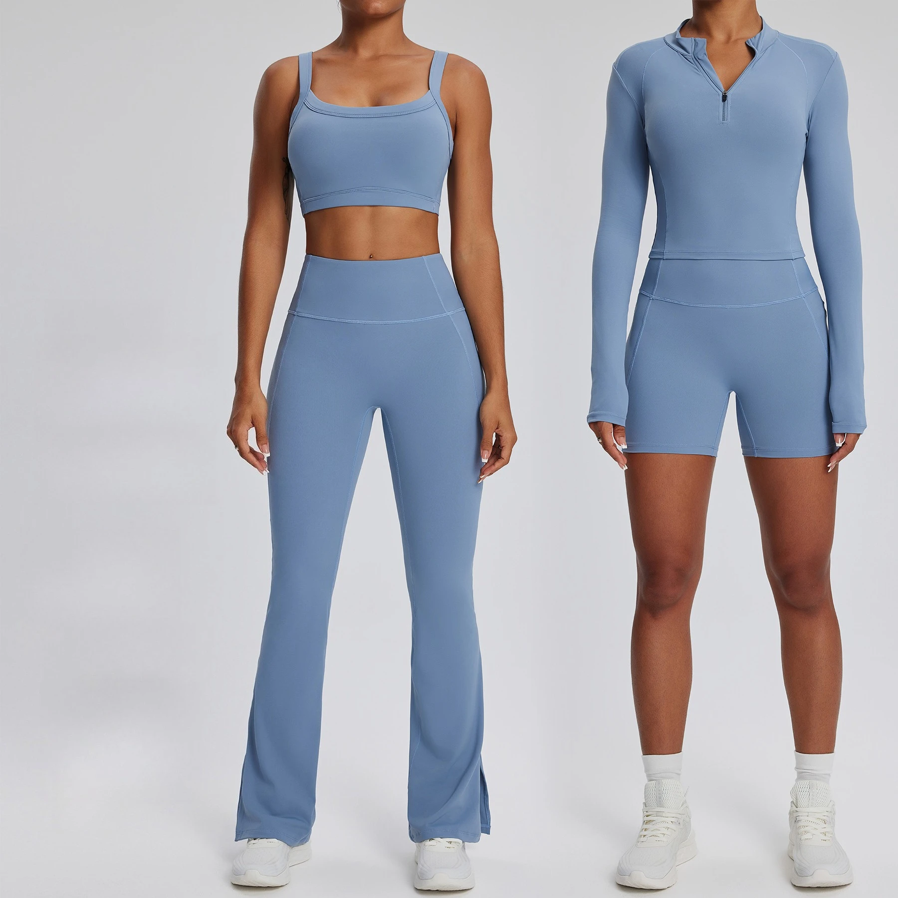 

Women’s Yoga with Gym Shirt, Sports Bra, Running Shorts, Split Flare Pants, Stretch Seamless Workout Suit, Fitness Training