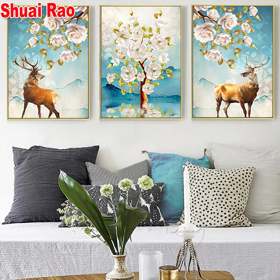 

3 pieces European Rich Tree Elk diamond painting 100% square diamond mosaic set 3d cross stitch embroidery Triptych art