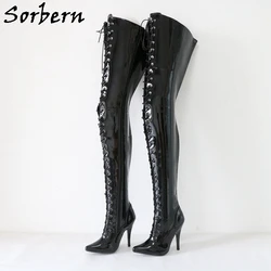 Sorbern Crotch Thigh High Women Boots Fetish Stilettos Lace Up Plus Size 12 Shoes Long Hard Shaft Custom Wide Calf Fit Unisex