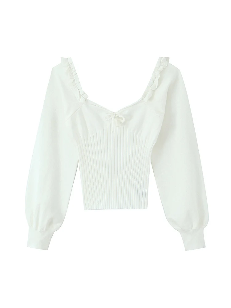 ملابس نسائية جديدة على الطراز الأوروبي، عصرية ومتعددة الاستخدامات، خط عنق مكشكش أنيق، سترة متماسكة مضلعة بخصر ربط.