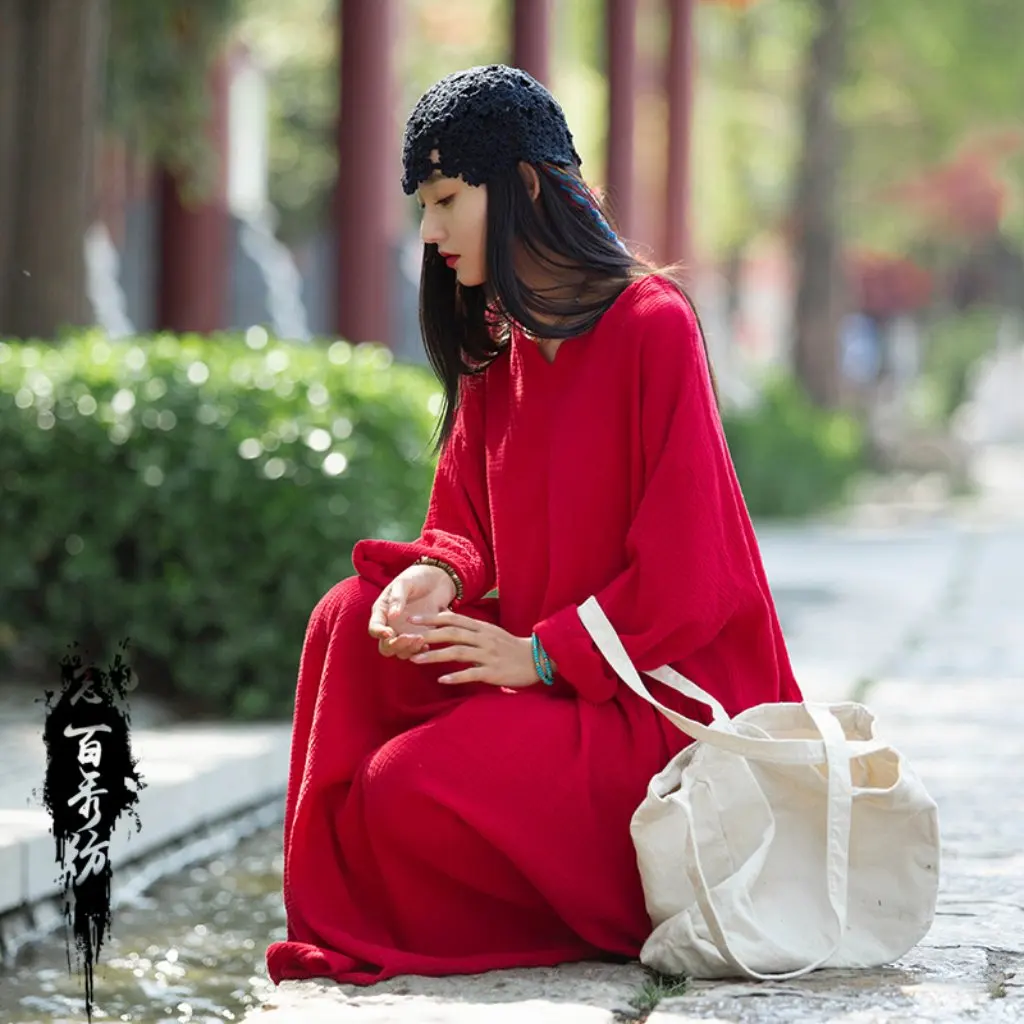 Elegant Vintage Fairy Long Dress Autumn Winter V-Neck Textured Raw Linen Double-Layered Robe with Large Hem Loose Fit