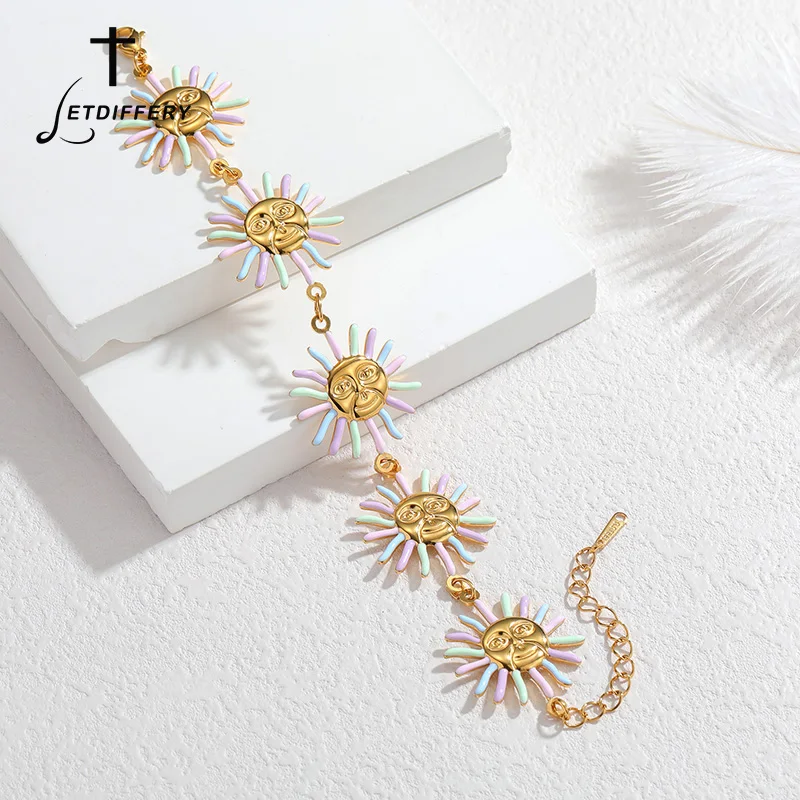 Letdiffery Fashion Colorful Sun Face Bracelet for Women Stainless Steel Oil Dripped Rainbow Sweet Bracelet Statement Jewelry