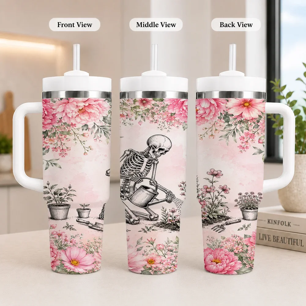 Skeleton Tea Party Vacuum Flasks 40oz Leakproof Steel Tumbler w/ Lid Straw Handle Hot Cold Drinks