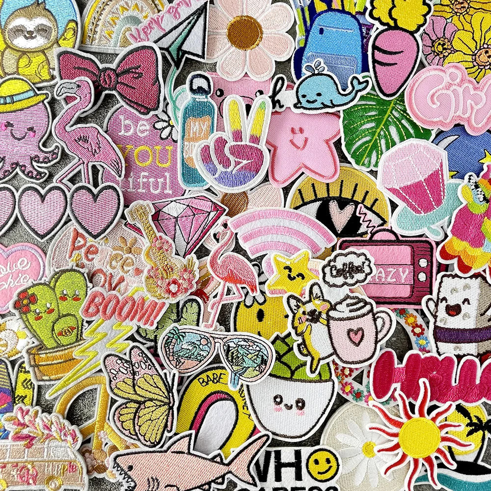 Hello Girl Pinlk Flamingo Cartoon Iron on Patches for Clothing Embroidered Sewing Applique Repair Damage Decoration Modify Patch