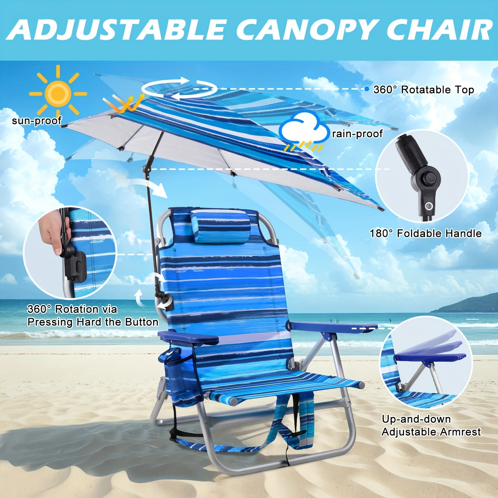 

Heavy-Duty Adjustable Beach Chair with Storage Pocket, Cup Holder & Towel Rack - Heavy-Duty Folding Lounge Chair