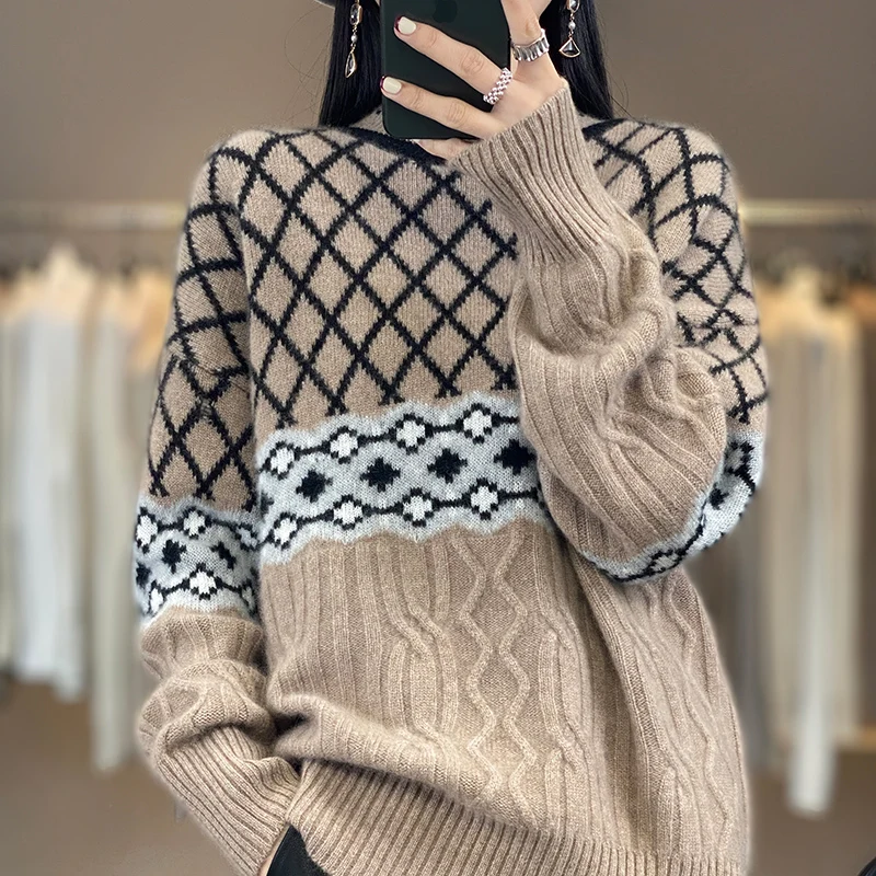 

Autumn and winter new pullover women's padded sweater O-neck color matching fashion loose knit% wool top