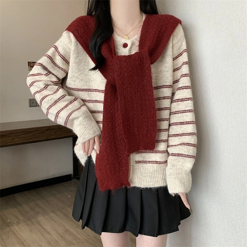 

Модный полосатый вязаный свитер, кардиган, шаль, комплект из двух предметов, женский осенне-зимний новый свитер в ленивом стиле, куртка, топ