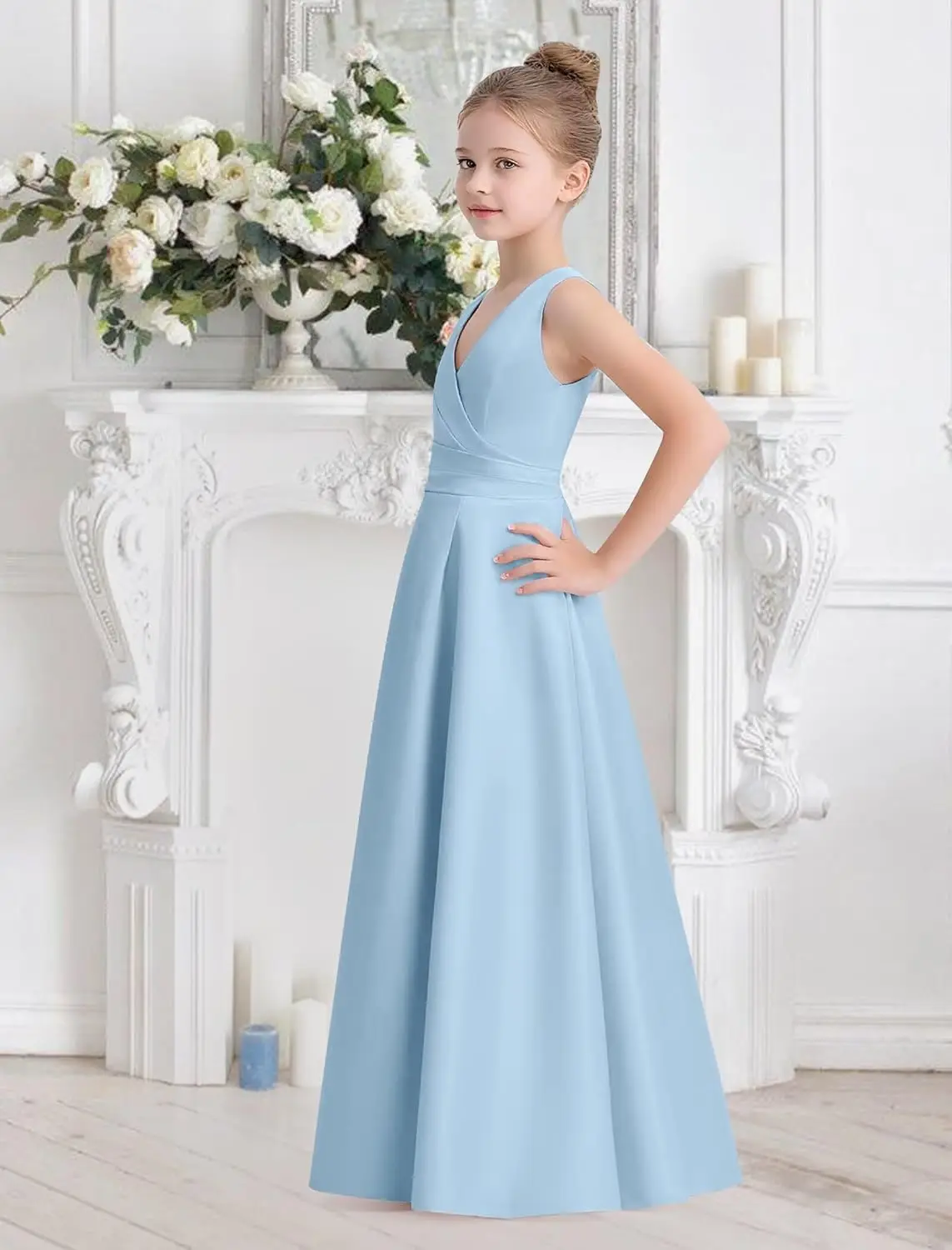 Een lijn satijnen bloemenmeisjesjurken met strik rugloze junior bruidsmeisje prinses baljurk eerste communiejurk