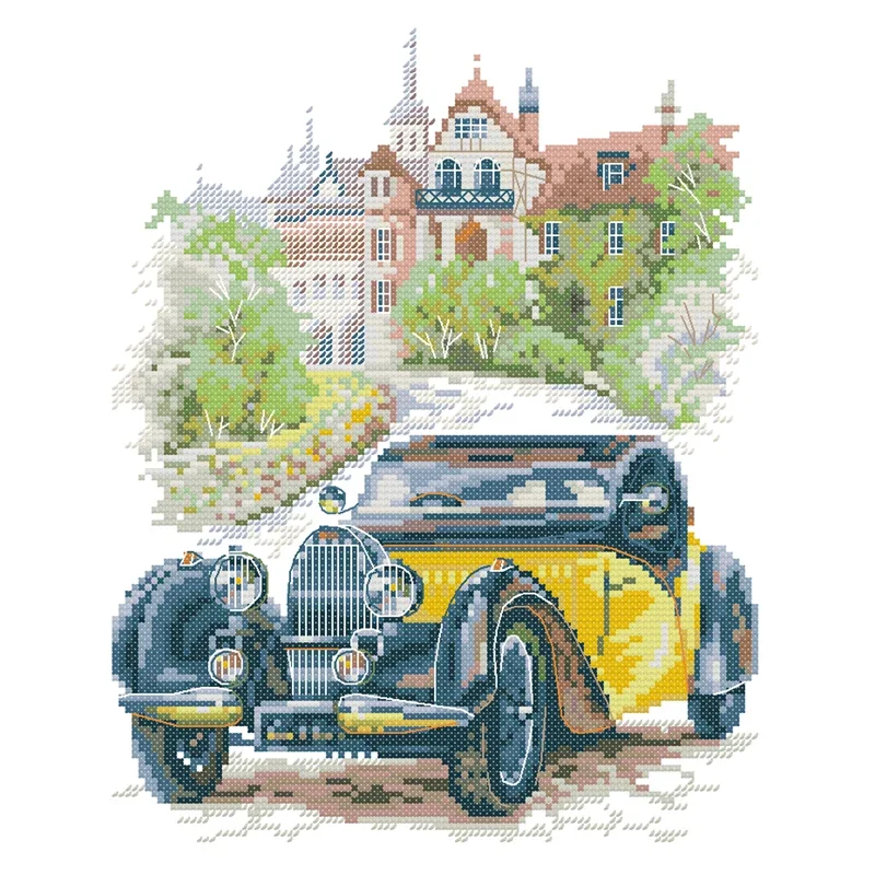 Joy Sunday Cross Stitch Kit Yellow Classic Car 14CT Printed Cross Stitch Embroidery Kits Set Crosstitch Craft Kit Needlework