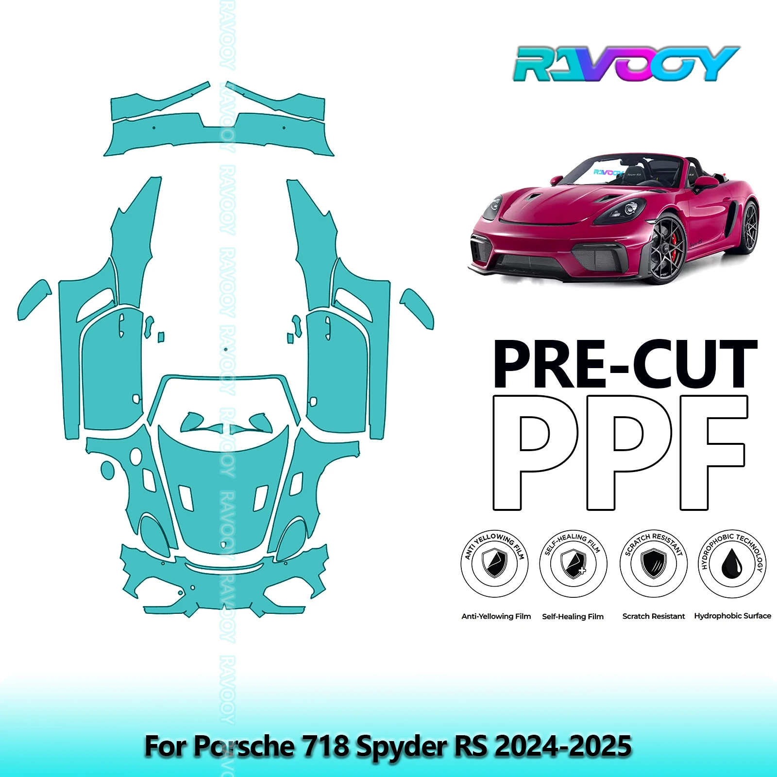 

8,5 мил, предварительно вырезанная защитная пленка для краски PPF, полный автомобильный прозрачный бюстгальтер для Porsche 718 Spyder RS 2024-2025