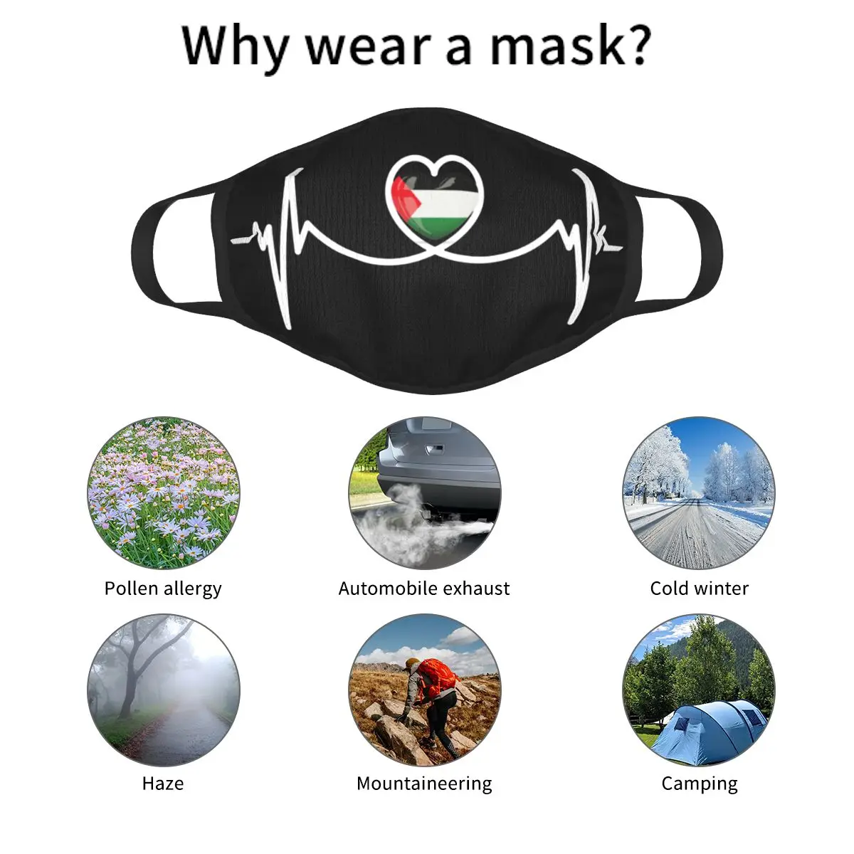 Heart Beat Palestine Palestinian Reusable Face Mask Anti Haze Dustproof Mask Protection Cover Respirator Mouth Muffle