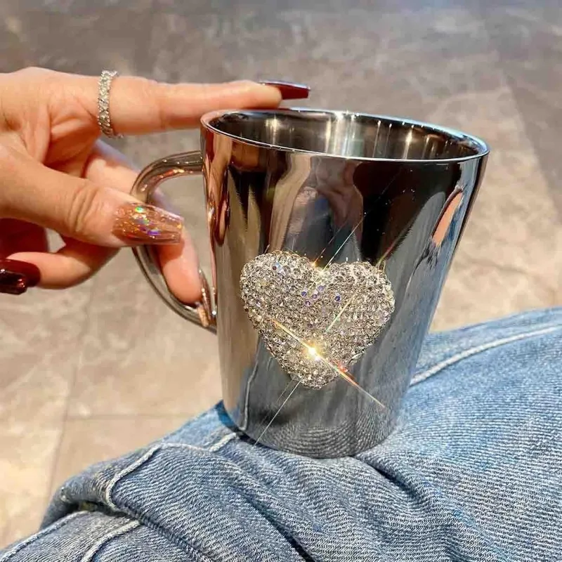 Sparkling Diamond Heart Mug Luxury Stainless Steel Coffee Cup Shatterproof Espresso Cups Kitchen Drinkware Home Accessories