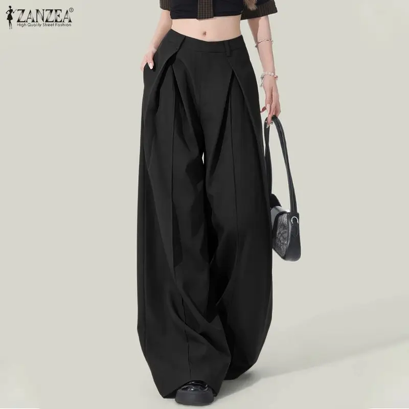 

Women Causal Elastic Waist Baggy Trousers ZANZEA Fashion Summer Wide Leg Pants Elegant Solid OL Work Pantalon Pleated Palazzo
