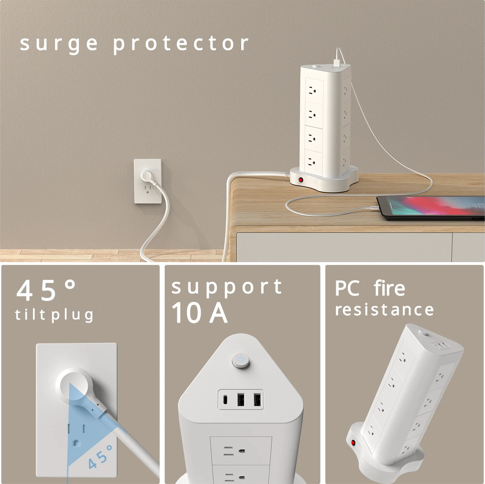 5ft مسطحة على شكل برج 45 ° قم بتوصيل بمنفذ USB/USB-C، وشريط طاقة مكون من 12 مقبس تيار متردد، وشريط طاقة للحماية من زيادة التيار مع 2 USB و1 US #3