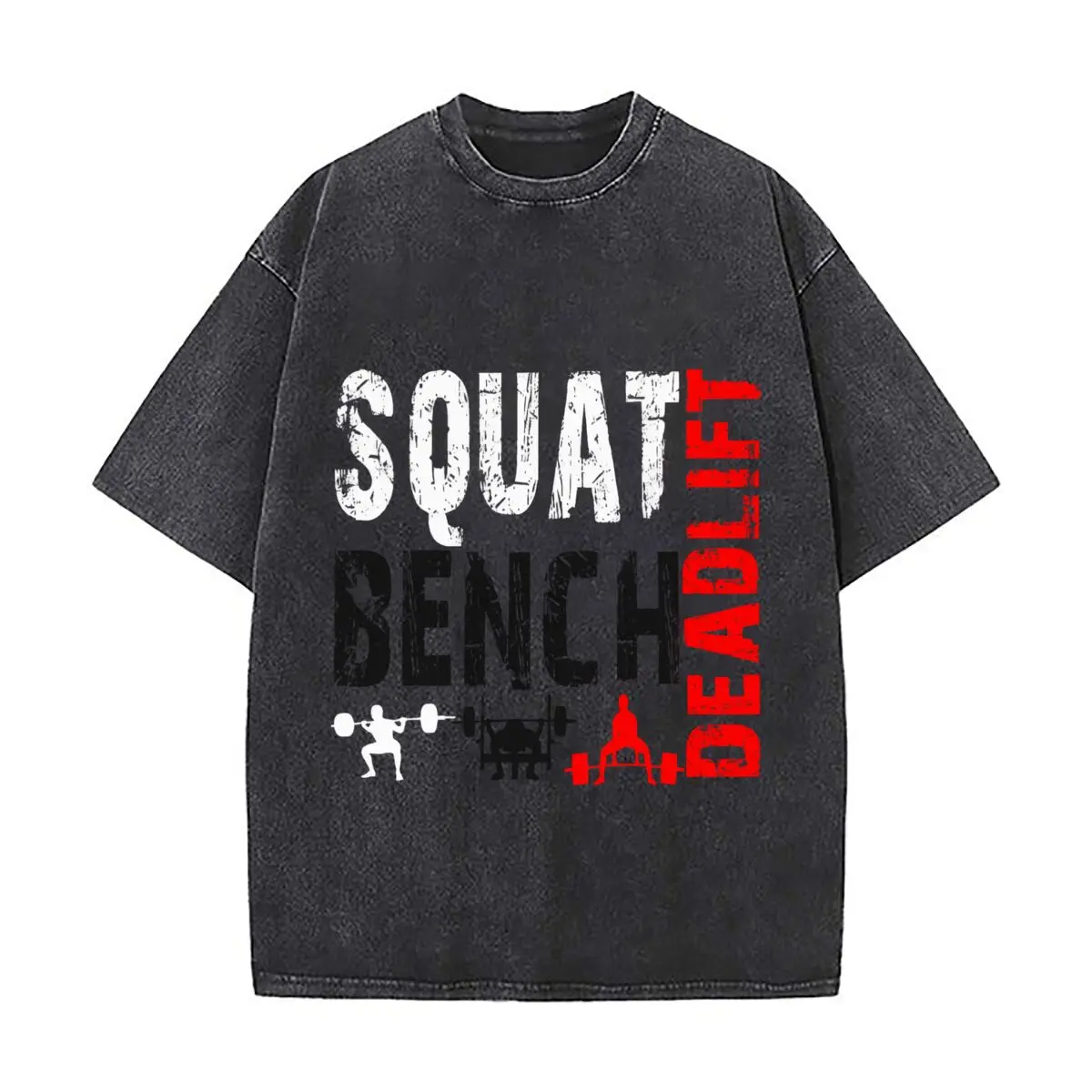 Squat Bench Deadlift Powerlifting Gym Design Washed Vintage Short Sleeve Loose Streetwear Tee