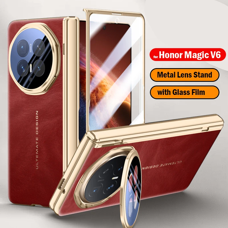 

Metal Camera Lens Stand Cover for Honor Magic V6 Hinge Case Business Plating Leather Protection Case with Front Glass Film
