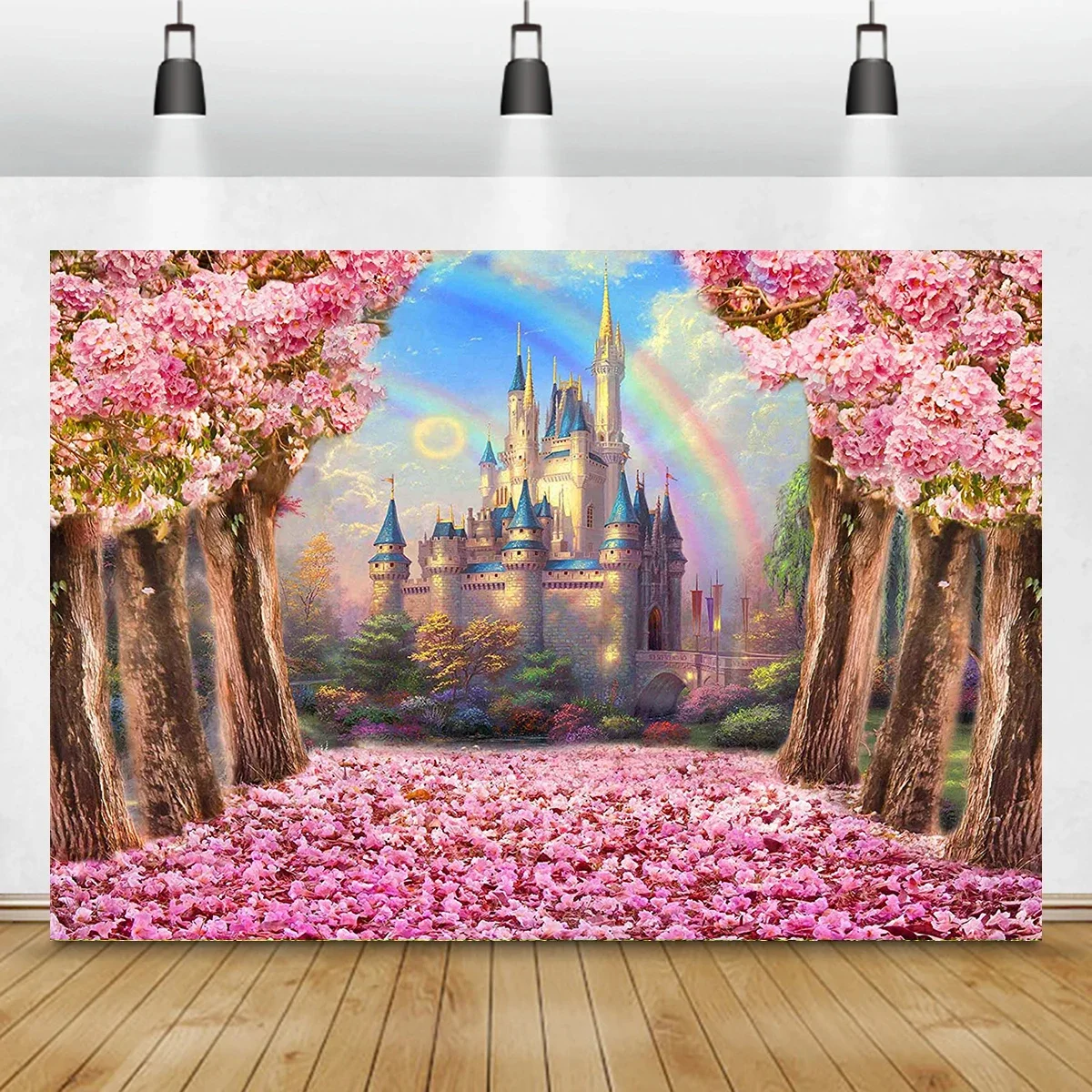 

7x5ft Fabric Birthday Theme Pink Rose Road Princess Photography Rainbow Castle Dressed Up Backdrop Banner Party Decoration