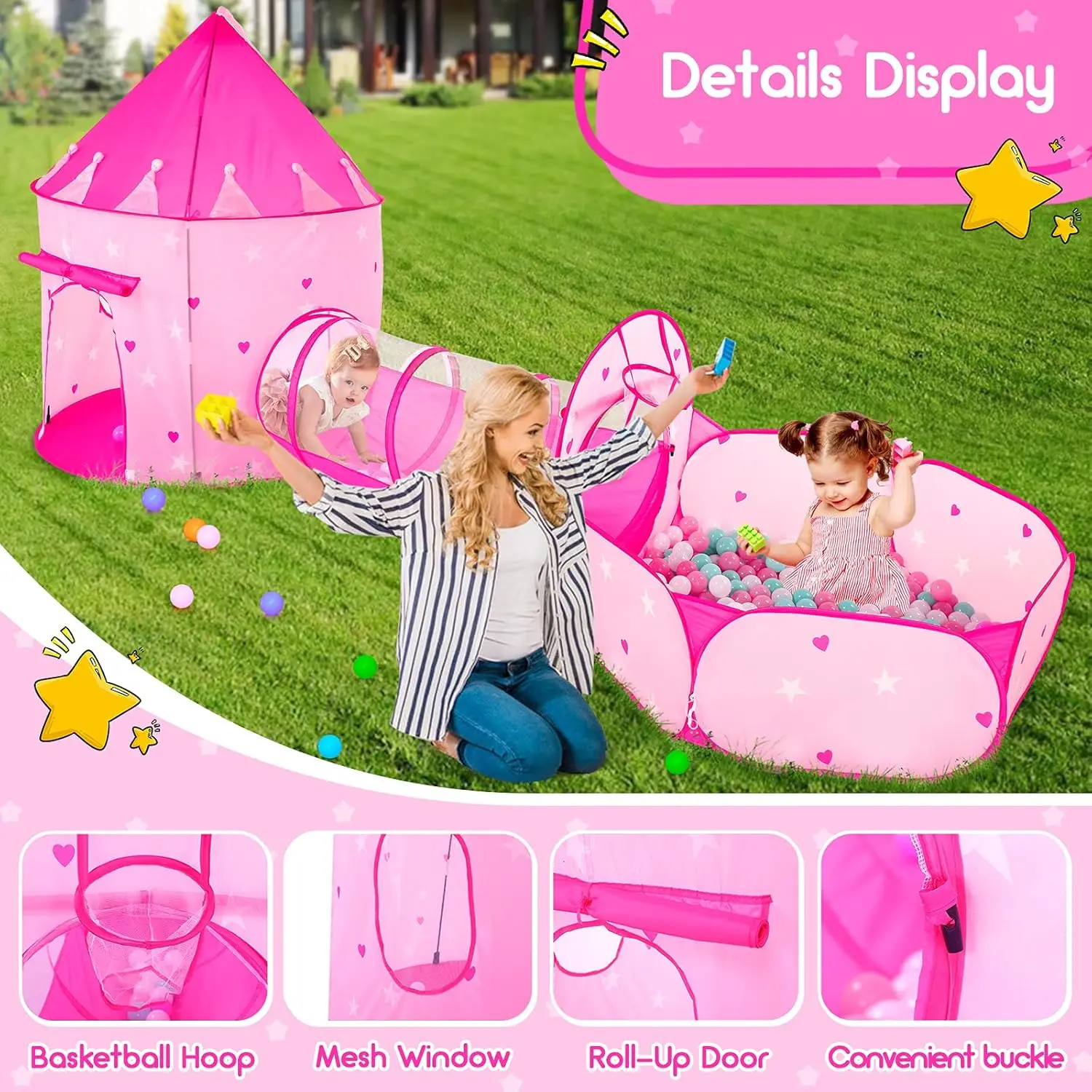 Barraca de brincar infantil de 3 peças para meninas com poço de bolinhas, túnel de engatinhar, barracas de princesa para crianças, brinquedos de casa de brincar do mundo do espaço do bebê, meninos ind