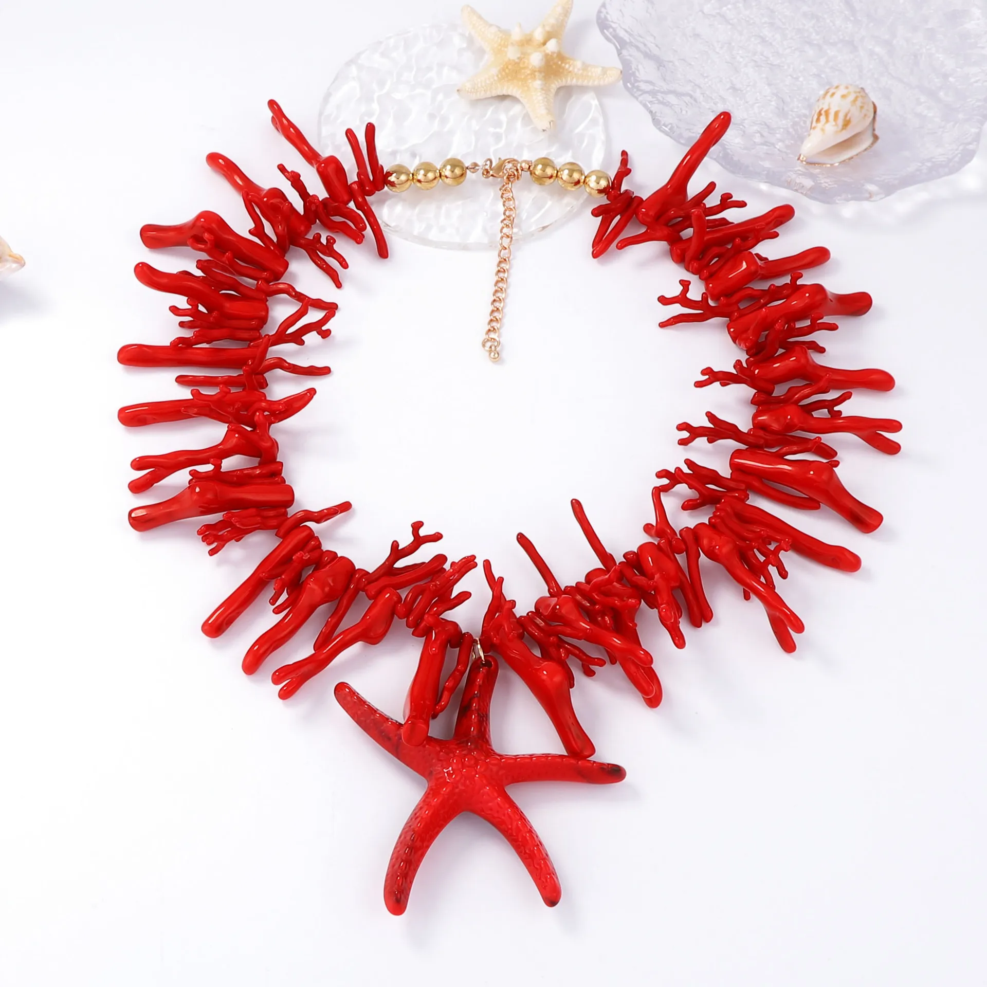 

Trend Women Jewelry Vintage Coral Beaded Choker Necklace Big Starfish Pendant Personality Summer Boho Beach Party Accessories