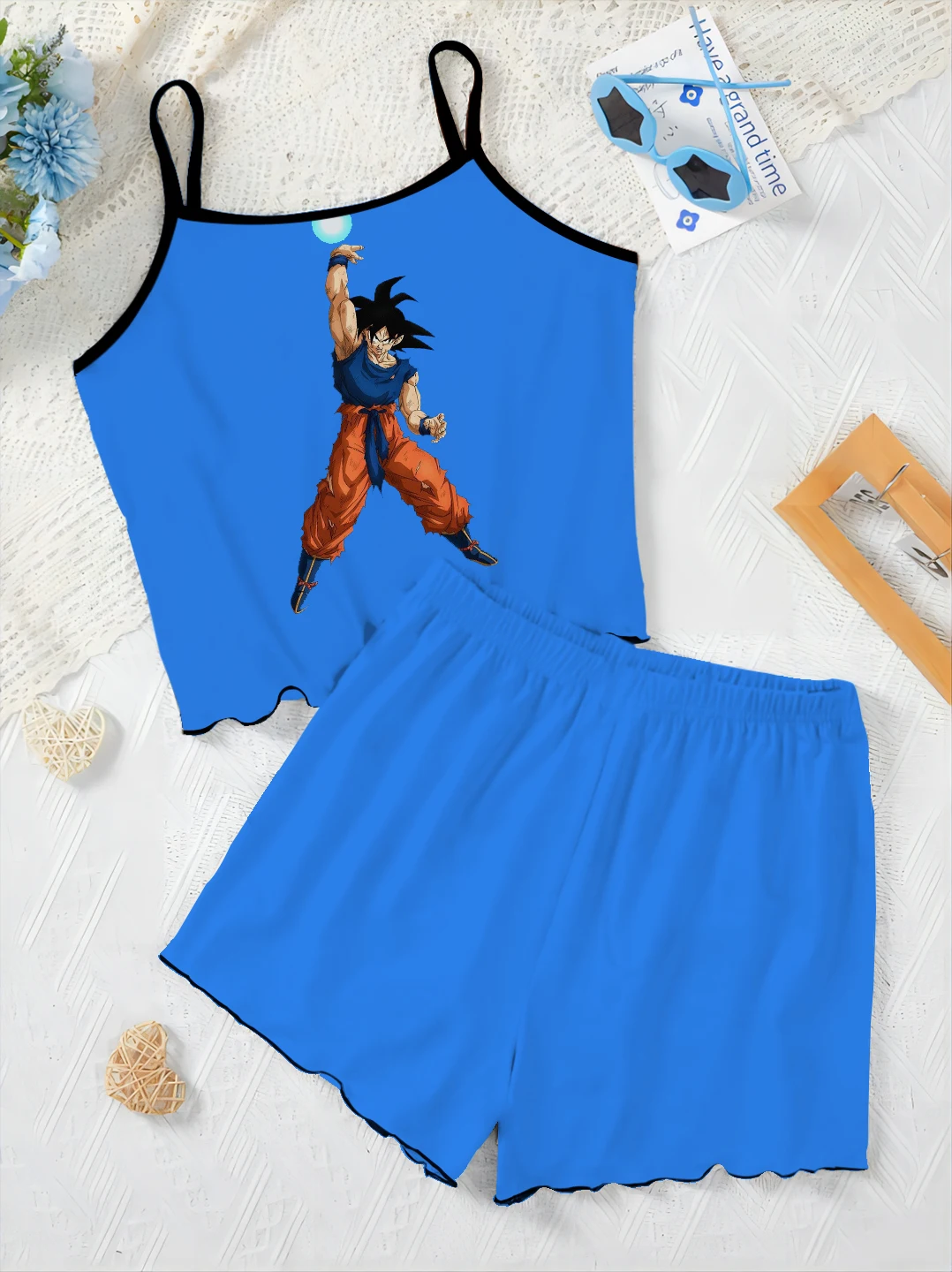 Slip Dress T-shirt Sałata Wykończenie Vegeta Piżama Spódnica Eleganckie zestawy damskie dla kobiet 2-częściowy Dragon Ball Son Goku Top Krótki