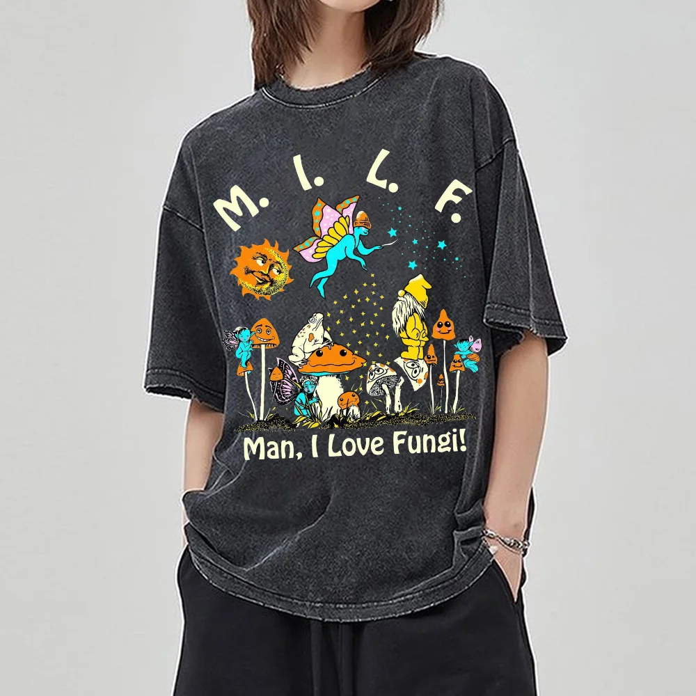 

Fungal Plant Print Women's Wash T-Shirt Loose Couple Oversized Short Sleeve Spoof Design Fashion Top 2024 Summer Hot Selling Tee