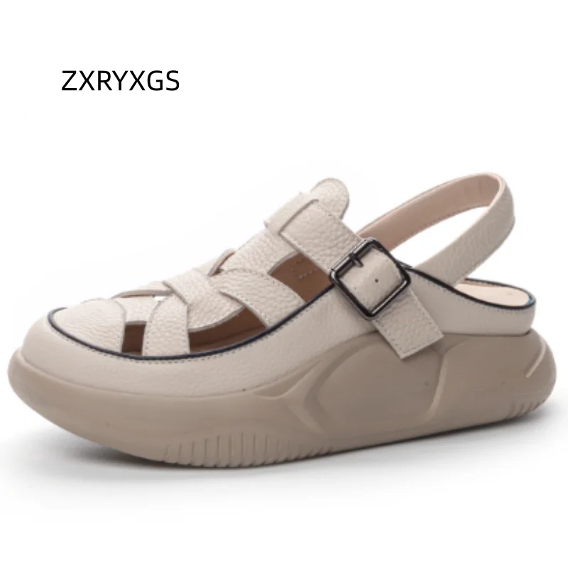 ZXRYXGS Premium Cowhide Women Real Leather Sandals 2026 New Summer Versatile Comfortable Platform Elevator Sandals Beach Shoes