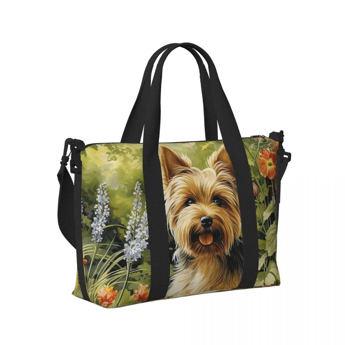 

Yorkie Yorkshire Terrier Dog In The Garden Beach Travel Bag Large Capacity Tote Bags for Yoga Women Shopping Duffle Shoulder Bag