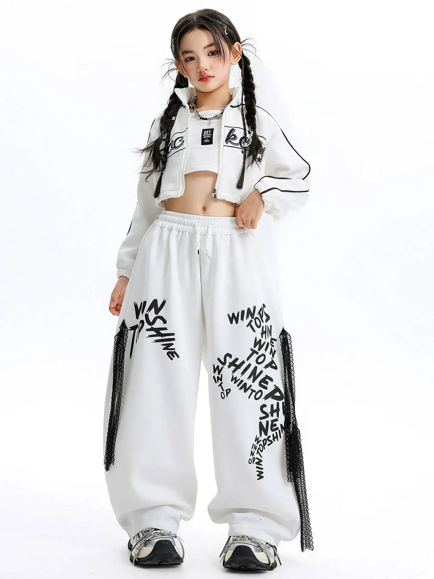 White Hip Hop Outfit Letter Print Crop Tank Zip Up Short Jacket Fringe Wide Leg Pants Jazz Stage Costume Kpop Dance Streetwea view 4