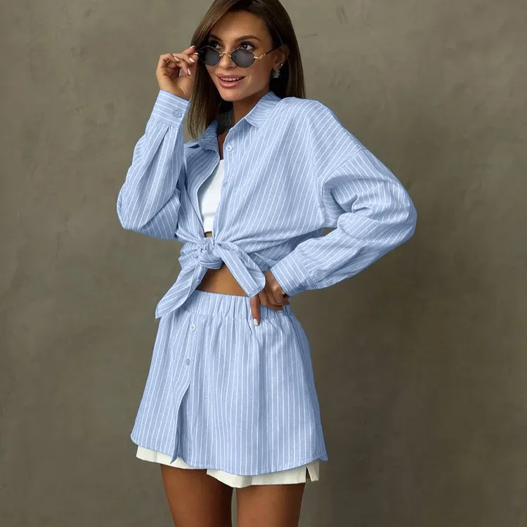 Fashion Blue Stripe Women's 2 Pieces Set Elegant Long Sleeve Shirt with High Waist Shorts Set Female Streetwear Костюм Женский