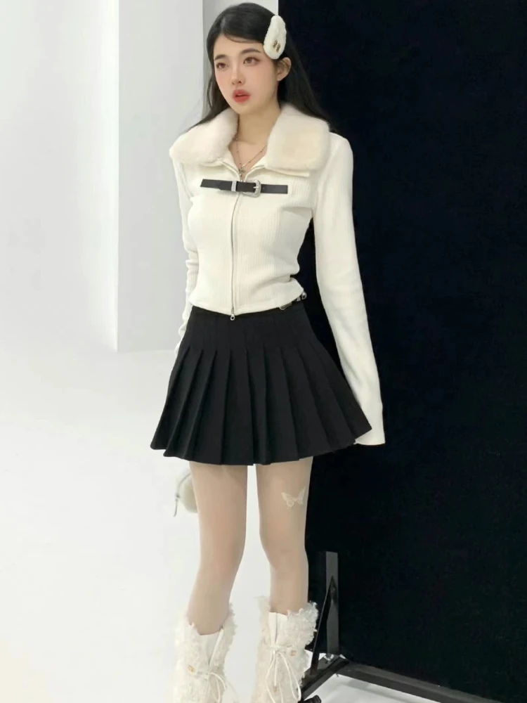 Korean Fashion Fluffy Patchwork Cropped Cardigan Turn Down Collar Long Sleeve Knitted Slim Y2k Aesthetic Zipper Sweater